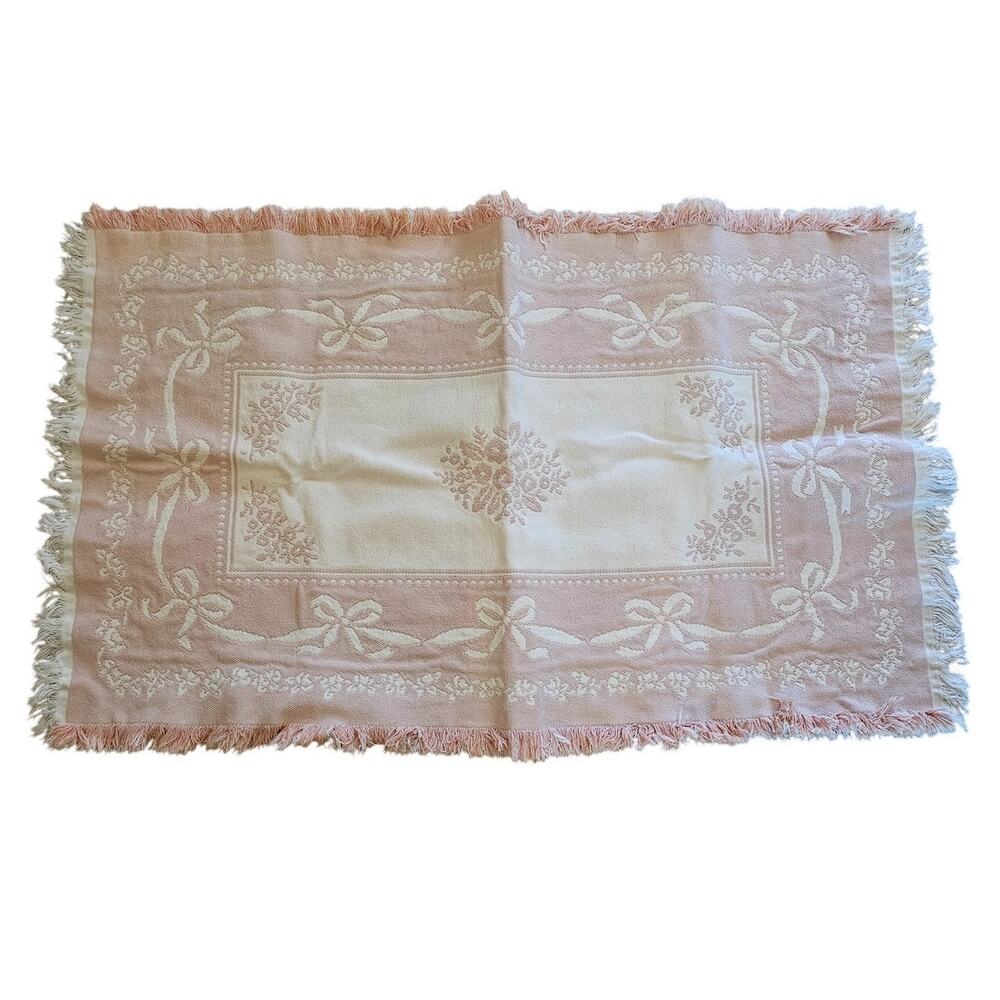 Vintage 1990s Light Baby Pink Fringe Hem Small Rug Bow Design Tapestry 26x42